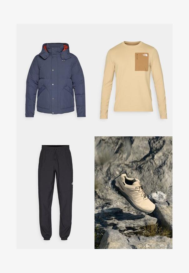 Patagonia DOWNDRIFT JACKET - Puhovka - smolder blue/burnished red; The North Face KECHA CREW - Majica z dolgimi rokavi - khaki stone/utility brown; Črne atletske hlače iz lahkega materiala, ki imajo elastični pas z vezalko, stranske žepe in zožene manšete na gležnjih.; Bežne Salomonove športne čevlje za trail teku v zrak nad kamnito naravno tereno z razpršeno travo in majhnimi kamenčki.