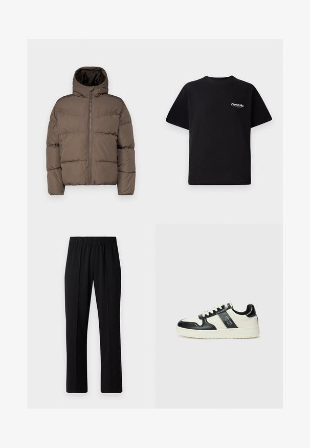 Rudas pūkinis švarkas su aukštu apykakle, užtrauktuku priekyje ir šoninėmis kišenėmis; turi siuvinėtus skyrius ir minkštą vidinį pamušalą.; Juodas medvilninis marškinėliai su apvalia kaklo linija, trumpomis rankovėmis ir mažais baltais logotipo raštais kairiajame krūtinės šone. Paprastas dizainas, klasikinio kirpimo.; Juodos, elastingos juosmens kelnės su tiesiomis kojomis, turinčios lygų paviršių ir be matomų raštų ar detalių.; Odiniai sportbačiai juodos ir kreminės spalvų schemoje, su perforuotais akcentais, paminkštinta apykakle ir tekstūruotu padu.