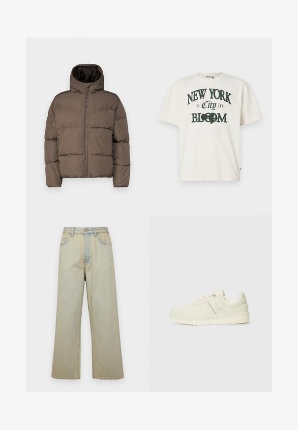 Casaco puffer castanho com gola alta, fecho frontal e bolsos laterais; apresenta secções acolchoadas e um forro interior suave.; T-shirt de algodão na cor creme, com mangas curtas, apresentando um desenho impresso que diz "NOVA IORQUE uma Cidade em FLOR" em verde escuro.; Jeans de perna larga em azul claro, feitos de denim com um acabamento desbotado. Apresenta cinco bolsos e um fecho de botão na frente.; Sapatilha de cor creme com detalhes perfurados, atacadores e logotipo na lateral, apresentada contra um fundo branco liso.