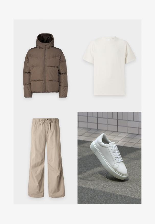 Barna puffkabát magas gallérral, cipzárral elöl és oldalzsebekkel; steppelt részekkel és puha bélésbéléssel rendelkezik.; Fehér, rövid ujjú póló bordázott textúrával. Kerek nyakkivágás, laza szabás, nincs látható minta vagy díszítés. Egyszerű és sokoldalú dizájn.; Beige, bő szárú nadrág rugalmas derékpánttal és zsinórral. Sima textúra, két oldalsó zseb és minimális varrások a kényelmes illeszkedésért.; Fehér bőr sportcipő sima felülettel, kerek orral és lapos fehér fűzőkkel. Texturált gumitalppal és minimális dizájnelemekkel rendelkezik.
