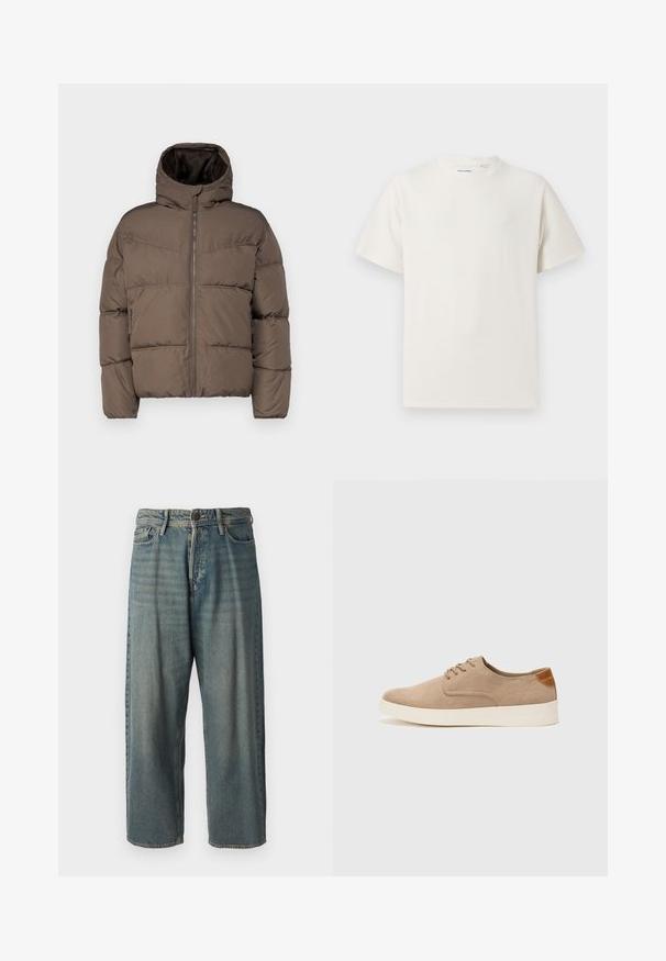 Hnědá péřová bunda s vysokým límcem, zipem vpředu a bočními kapsami; má prošívané části a měkkou vnitřní podšívku.; Bílý krátký rukáv tričko s pružnou strukturou. Kulatý výstřih, volný střih, bez viditelných vzorů nebo detailů. Jednoduchý a univerzální design.; Světle modré denimové džíny s volným střihem, středně vysokým pasem a rovnými nohavicemi. Obsahují pět kapes, poutka na opasek a zapínání na knoflík.; Béžové semišové tenisky s kulatou špičkou, šněrováním vpředu a texturovaným zadním akcentem. Bílá gumová podrážka poskytuje kontrast. Jednoduchý a moderní design.