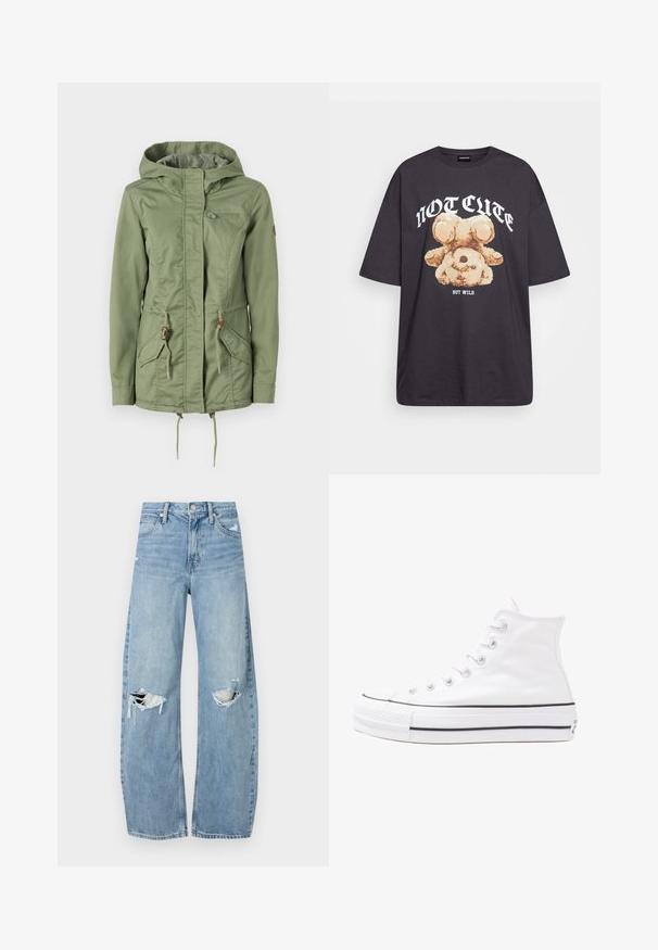 Lys grøn jakke med glidelås foran, justerbare snorer i midjen og hetten, og to frontlommer. Glatt stoff med en subtil glans.; Svart oversized t-skjorte med en grafikk av en bjørn og teksten "IKKE SØT, MEN VILL" i fet, hvit skrift. Laget av bomull.; Lyseblå høytlivsjeans laget av denim. Har vide bein, to revne knær og klassisk fem-lommers design.; Hvit høy-skinn kanvas sneakers med svart gummisåle, gummitåhette foran og seks hull for snorer, med et rent, minimalistisk design.