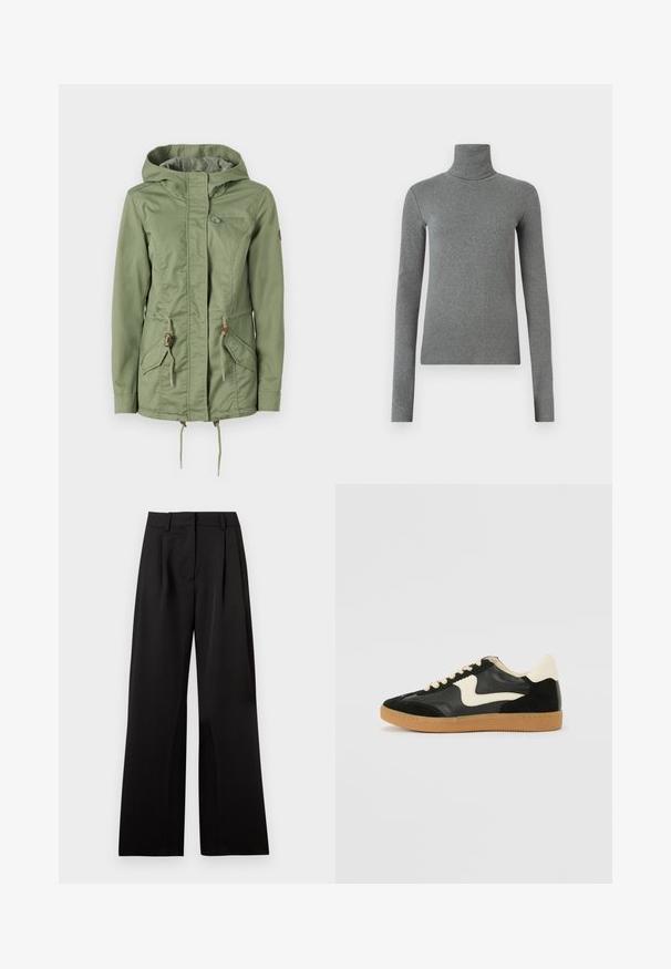 Svetlozelená bunda so zipsom vpredu, nastaviteľnými šnúrkami v pase a na kapuci a dvoma prednými vreckami. Hladká látka s jemným leskom.; Sivý rolák vyrobený z hladkej, elastickej látky. Dlhé rukávy, priliehavý strih, minimálna textura, bez viditeľných vzorov alebo hardvéru.; Čierne široké nohavice s hladkou textúrou, prednými záhybmi, plochým pásom a pútkami na opasok. Jednoduchý, dobre padnúci dizajn.; Čierne semišové a kožené tenisky s krémovým bočným prešívaním a svetlo krémovou pätou. Obsahujú béžové šnúrky a podošvu z gumeného kaučuku.