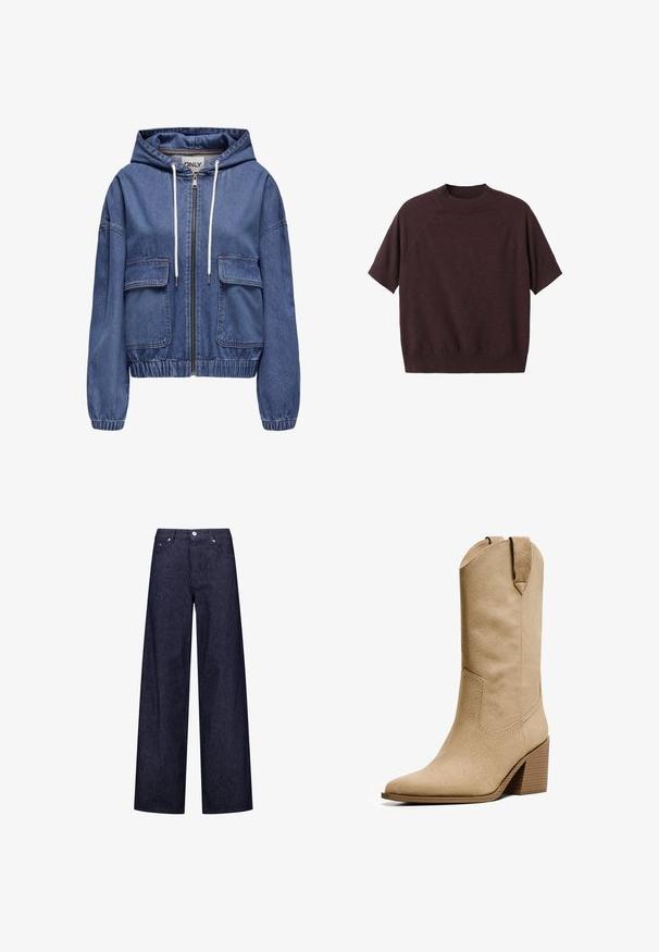 Denim hooded jacket in blue, featuring a full zipper, two front pockets, elastic cuffs, and a drawstring for adjustable fit.; Short-sleeve sweater in dark burgundy knit. Features a ribbed crew neck and relaxed fit, with raglan sleeves and a smooth texture.; Wide-leg denim trousers with a dark blue and white vertical striped pattern, featuring two front pockets and a classic button closure.; Bershka HIGH-HEEL - Cowboy/Biker boots - beige