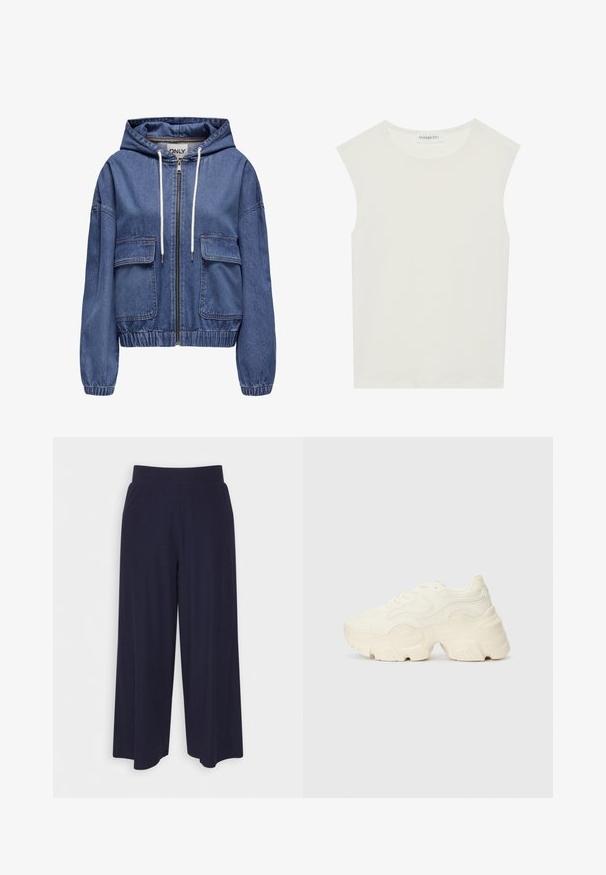 Casaco de ganga com capuz em azul, apresentando um fecho éclair completo, dois bolsos frontais, punhos elásticos e um cordão para ajuste.; Top branco sem mangas com decote redondo. Feito de um tecido liso, apresenta um corte descontraído e um design minimalista. Sem padrões ou detalhes.; Calças largas em tecido azul-marinho escuro com uma textura ribada. Apresenta uma cintura suave e uma silhueta fluida, atingindo o comprimento até metade da panturrilha.; Sapatilhas brancas chunky feitas de malha texturizada e materiais sintéticos, apresentando uma sola espessa e detalhes de padrão intrincados ao longo dos lados.