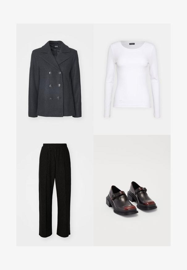 Tumši pelēks divkrūšu vilnas mētelis, kas iekļauj lielus apaļus pogas, ar iegriezumu un sānu kabatām; gluda iekšējā odere.; Balts ribots garām piedurknēm krekls ar apaļu kakla izgriezumu. Izgatavots no elastīga auduma, kas pieguļ ķermenim. Iezīmējas ar smalkām horizontālām līnijām.; Melna, plaša kāju bikses ar baltām vertikālām svītrām, ar elastīgu jostu komfortam un gludu, mīkstu tekstūru.; Ādas blokveida papēžu kurpes ar spīguļojošu tumši sarkanu apdari, aprīkotas ar sprādzi un noapaļotu purngali. Teksturēts zole labākai saķerei.