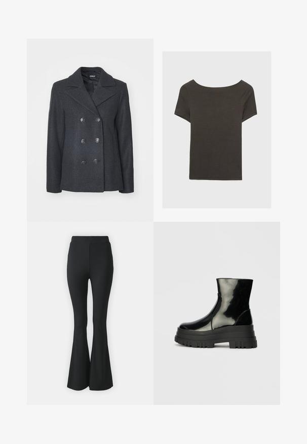 Temno sivi dvoredni volneni plašč z velikimi okroglimi gumbi, zareznim ovratnikom in stranskimi žepi; gladka notranja obloga.; Temno siva kratka majica s čolnasto izrezom. Narejena iz rebraste tkanine, ki ima sproščen kroj in čist rob. Preprost dizajn, brez vzorcev.; Črne razširjene hlače, narejene iz raztegljive tkanine. Imajo visok pas in gladek, oprijet dizajn, ki se razširi od kolena navzdol.; Črne sijajne gležnjarje z debelim profilom podplata in zaobljenim nosom, stranski pogled na enostavni svetlo sivi ozadju.
