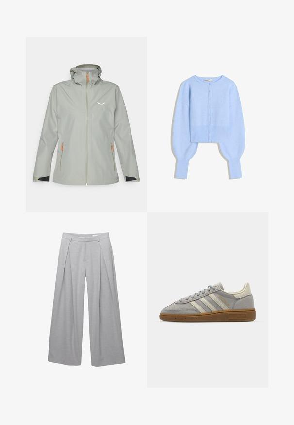 Jasnoszara, wodoodporna kurtka z kapturem, z pomarańczowymi uchwytami suwaków, czarnymi akcentami przy mankietach oraz odblaskowym logo na klatce piersiowej.; Jasnoniebieski krótki kardigan z miękkiego dzianiny, z okrągłym dekoltem, zapięciem na guziki oraz balonowymi rękawami z prążkowanymi mankietami.; Biała bluzka z długim rękawem, wykonana z miękkiej, gładkiej tkaniny. Posiada okrągły dekolt i dopasowany krój z minimalnymi detalami w szwach.; Jasnoszare spodnie o szerokich nogawkach, wykonane z teksturowanej tkaniny, z plisami z przodu, szlufkami na pasek i dopasowanym paskiem w talii. Brak widocznych zapięć.; Szare zamszowe trampki z jasnoszarymi skórzanymi paskami i gumową podeszwą. Wśród cech znajduje się zapięcie na sznurowadła oraz subtelna marka na języku.