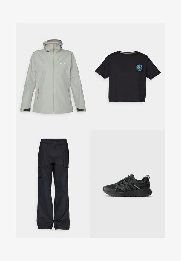 Helehall hall nahkjope, millel on kapuuts, oranžide tõmblukkude, mustade ääristustega varrukatel ja peegeldav logo rinnal.; Must musta lühikeste varrukatega T-särk, millel on rinnal ringikujuline mitmevärviline logo. Otse lõpp ja mugav lõige.; Columbia BREA FALLS™ COTTON RIPSTOP PANT - Õuepüksid - black; Columbia PEAKFREAK - Matkajalatsid - black