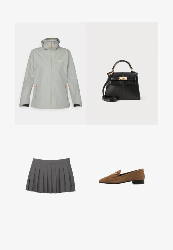 Light grey waterproof jacket with a hood, featuring orange zipper pulls, black accents at the cuffs, and a reflective logo on the chest.; Short-sleeve white athletic shirt with a round neckline, featuring a logo on the chest and a smooth, lightweight fabric texture.; Gray pleated mini skirt with a buttoned waistband and a small logo embellishment on the right side.; Brown suede loafers with a pointed toe, featuring a gold buckle accent and a low black heel. Simple, smooth texture, classic design.; Black leather handbag with a structured design, top handle, detachable strap, and gold-tone hardware on a magnetic closure.