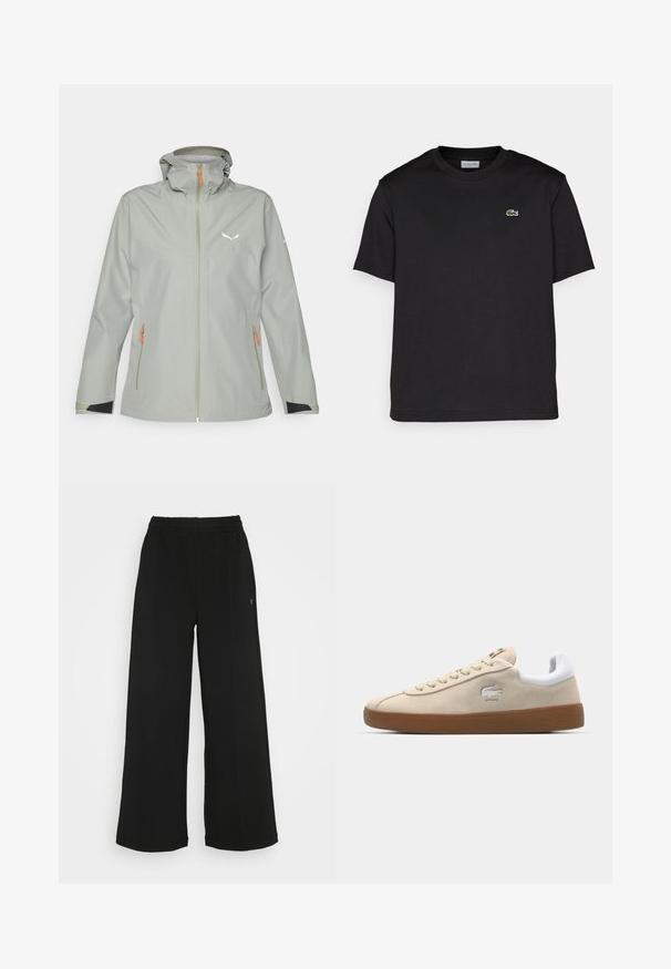 Ljust grå vattentät jacka med huva, med orange dragkedjor, svarta detaljer vid ärmarna och en reflekterande logga på bröstet.; Svart bomullströja med rund halsringning, korta ärmar och en liten grön broderad logotyp på vänster bröst. Enkelt design.; Svarta vida byxor med elastisk midja. Tillverkade av ett mjukt, lätt material. Har vertikala sömmar fram.; Beige mockasinsneakers med vit läderhäl och gummisulor. Har snörning och en krokodillogo på sidan. Enkelt design.