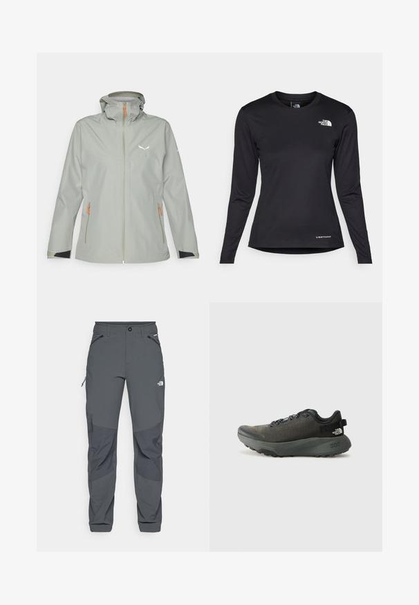 Hellgraue, wasserdichte Jacke mit Kapuze, ausgestattet mit orangefarbenen Reißverschluss-Anhängern, schwarzen Akzenten an den Bündchen und einem reflektierenden Logo auf der Brust.; The North Face SHADOW LONG SLEEVE - Langarmshirt - black; Dunkelgraue Outdoor-Hosen mit verstärkten Kniebereichen, seitlichen und vorderen Taschen mit Reißverschluss, Knopfverschluss und dem The North Face-Logo auf dem Oberschenkel.; Dunkelgrauer Sportschuh mit einem strukturierten Obermaterial aus Stoff, flachen Schnürsenkeln, verstärkter Zehenkappe und dicker, robuster Sohle für besseren Grip. 300 ist auf der Ferse geprägt.