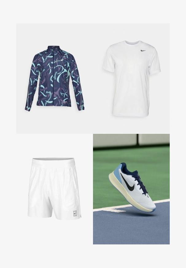 Giacca leggera con base blu navy, caratterizzata da motivi a spirale in menta e viola. Include un colletto alto e una chiusura con zip frontale.; T-shirt bianco a maniche corte in tessuto morbido. Presenta un collo rotondo e un piccolo logo Nike nero sul lato sinistro del petto.; Pantaloni sportivi bianchi realizzati in tessuto leggero con vita elastica, dotati di due tasche laterali e un piccolo logo nero sull'orlo.; Scarpa da ginnastica bianca con accenti blu navy, una tomaia traspirante, suola texturizzata e un tallone azzurro, che mostra un design elegante e moderno.