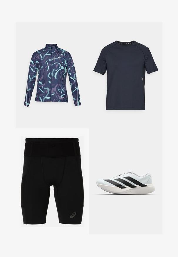 Veste légère avec une base bleu marine, ornée de motifs tourbillonnants en menthe et en violet. Comprend un col haut et une fermeture éclair à l'avant.; T-shirt à manches courtes bleu marine foncé en tissu léger, avec un col rond et de petits détails en œillet à l'arrière, ainsi qu'un logo sur le devant.; Shorts de sport noirs avec un design ajusté, fabriqués en matériau lisse. Présentent une taille haute et un petit logo sur la jambe gauche inférieure.; Baskets de course légères en bleu pâle avec des rayures noires. Elles présentent un dessus lisse, un embout rond et une semelle intermédiaire blanche épaisse étiquetée "LIGHTSTRIKE PRO".