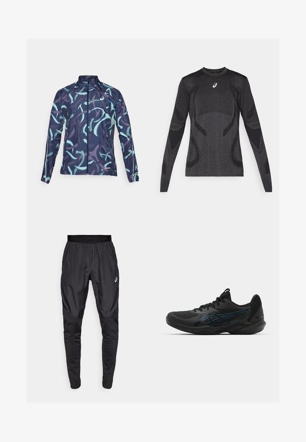 Veste légère avec une base bleu marine, ornée de motifs tourbillonnants en menthe et en violet. Comprend un col haut et une fermeture éclair à l'avant.; Haut de sport à manches longues en gris foncé, avec des accents de design texturé en gris clair. Encolure ronde avec logo sur la poitrine.; Pantalons de sport noirs avec une taille élastique, des poches latérales et des panneaux de texture contrastée sur les jambes. Logo Asics sur la hanche.; ASICS SOLUTION SPEED FF 3 CLAY - Chaussures de tennis pour terre-battueerre battue - black/prism blue