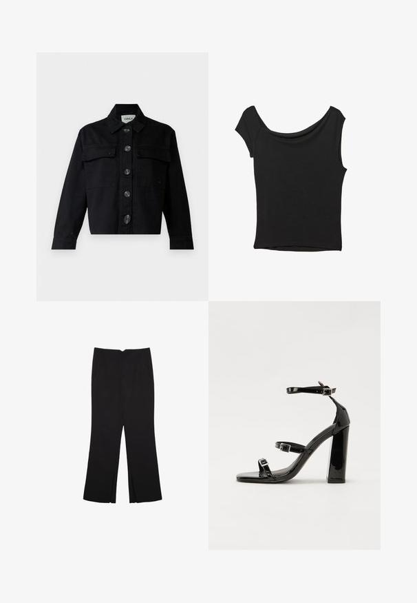 Černá džínová bunda s klasickým límcem, předními kapsami a velkými knoflíky. Design je zkrácený, s dlouhými rukávy a strukturovaným střihem.; Černý krátký rukáv top vyrobený z hladké látky; má drapovaný výstřih a asymetrický lem, s přiléhavým střihem.; Černé kalhoty s rovným střihem, s předními kapsami a bočními rozparky na lemu. Vyrobené z jemné, hladké tkaniny. Vhodné na různé příležitosti.; Černé lakované sandály na podpatku se čtveratou špičkou, lýtkovými pásky a stříbrnými přezkami. Disponují masivním blokovým podpatkem pro stabilitu.