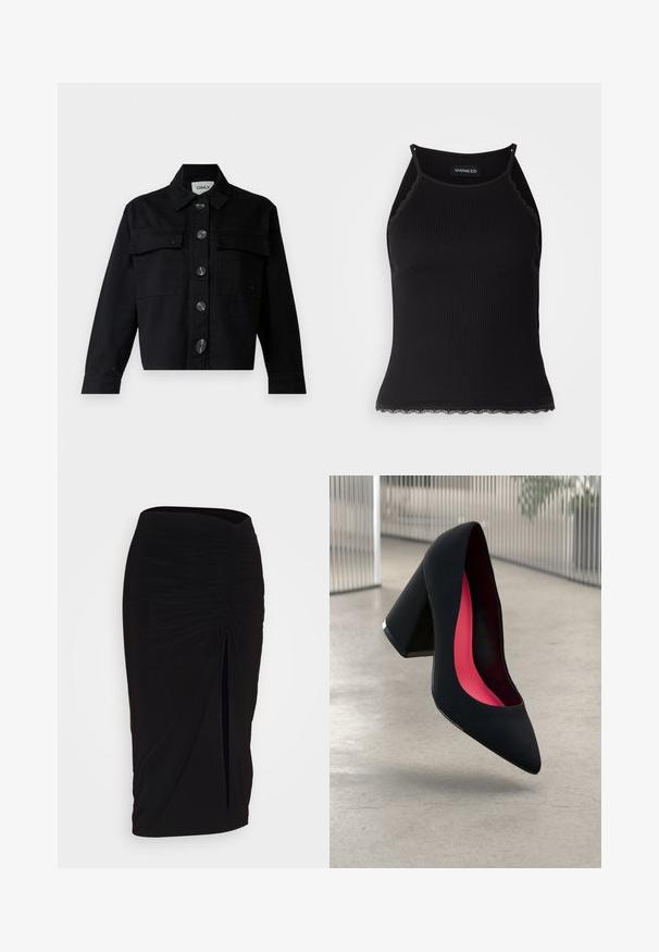 Black denim jacket featuring a classic collar, front pockets, and large buttons. The design is cropped with long sleeves and a structured fit.; Black ribbed tank top with scalloped lace trim at the hem. Features thin straps and a fitted design. Made from stretchable fabric.; Black, ruched pencil skirt with tie detail and a side slit. Made from a stretchy fabric, featuring a smooth texture and form-fitting design.; Black high heel shoe with a pointed toe, textured surface, and a vibrant pink interior. Features a chunky heel with silver accent.