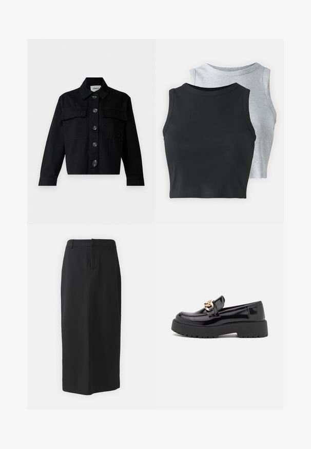 Casaco de ganga preto com colarinho clássico, bolsos frontais e grandes botões. O design é curto, com mangas longas e um corte estruturado.; Even&Odd Petite 2 PACK - Top - light grey/black; Saia lápis preta, até ao joelho, feita de tecido suave. Apresenta uma fenda nas costas e bolsos laterais, com um design simples e cor neutra.; Sapatos mocassins de couro envernizado preto com sola grossa preta e detalhes em hardware dourado. Textura lisa e design de bico arredondado.