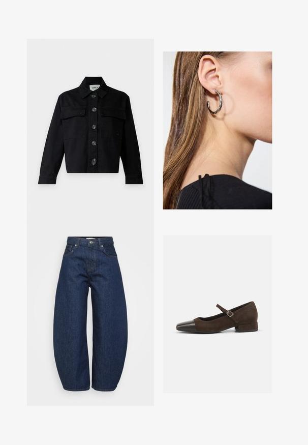 Giubbotto di jeans nero con colletto classico, tasche frontali e grandi bottoni. Il design è accorciato, con maniche lunghe e vestibilità strutturata.; Even&Odd Petite 2 PACK - Top - light grey/black; Jeans in denim blu scuro a vita alta con gambe larghe, chiusura frontale con bottone e zip, e design classico a cinque tasche.; Scarpa Mary Jane in suede marrone con punta in vernice nera, cinturino regolabile e tacco basso a blocco. Texture liscia con dettagli minimi.; Orecchino a cerchio in argento con finitura lucida, caratterizzato da piccoli dettagli in oro e una forma tondeggiante, indossato sul lobo.