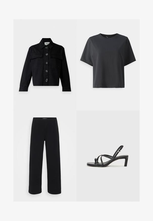 Chaqueta de mezclilla negra con un collar clásico, bolsillos frontales y grandes botones. El diseño es corto, tiene mangas largas y un ajuste estructurado.; Camiseta de algodón negra, de manga corta, cuello redondo, corte relajado, textura suave, diseño simple, sin patrones ni acentos.; Pantalones negros de pierna ancha con una cintura elástica. Fabricados con un material texturizado, presentan un corte suelto y recto desde las caderas hasta el dobladillo.; Sandalia negra de tiras con punta cuadrada y tacón bajo de bloque. Presenta múltiples tiras delgadas y una correa ajustable en el tobillo. Fabricada en cuero suave.