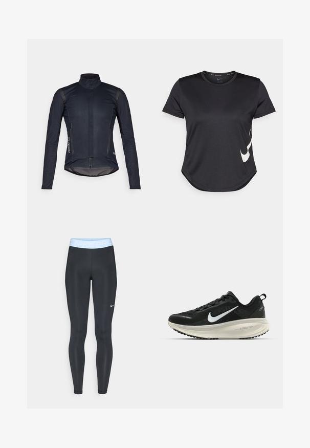 Mørkeblå cykeljakke med lange ærmer, høj krave, frontlynlås og to lynlåslommer; har glat stof og reflekterende accenter.; Sort atletisk t-shirt med korte ærmer, med et hvidt Nike swoosh-logo på den nederste side og en rundet kant.; Sorte atletiske leggings med en lys blå talje, der har teksten "NIKE PRO"; glat tekstur og tætsiddende design. Hvid Nike-logo på venstre side.; Sort Nike løbesko med åndbart mesh-overdel, hvidt swoosh-logo, tekstureret detaljering og en cremede ZoomX mellemsål.