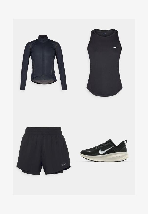 Ciemnoniebieska kurtka rowerowa z długimi rękawami, wysokim kołnierzem, zamkiem błyskawicznym z przodu oraz dwiema kieszeniami na zamek; charakteryzuje się gładkim materiałem i odblaskowymi akcentami.; Czarny sportowy top bez rękawów wykonany z materiału odprowadzającego wilgoć. Posiada okrągły dekolt, dopasowany krój oraz białe logo Nike na piersi.; Czarne spodenki sportowe z marszczonym elastycznym pasem, wewnętrzną podszewką i białym logo Nike w dolnym lewym rogu. Gładki, lekki materiał.; Czarna biegowa półbut z oddychającej siateczki, białym logo swoosh, teksturowanymi detalami oraz kremową podeszwą środkową ZoomX.