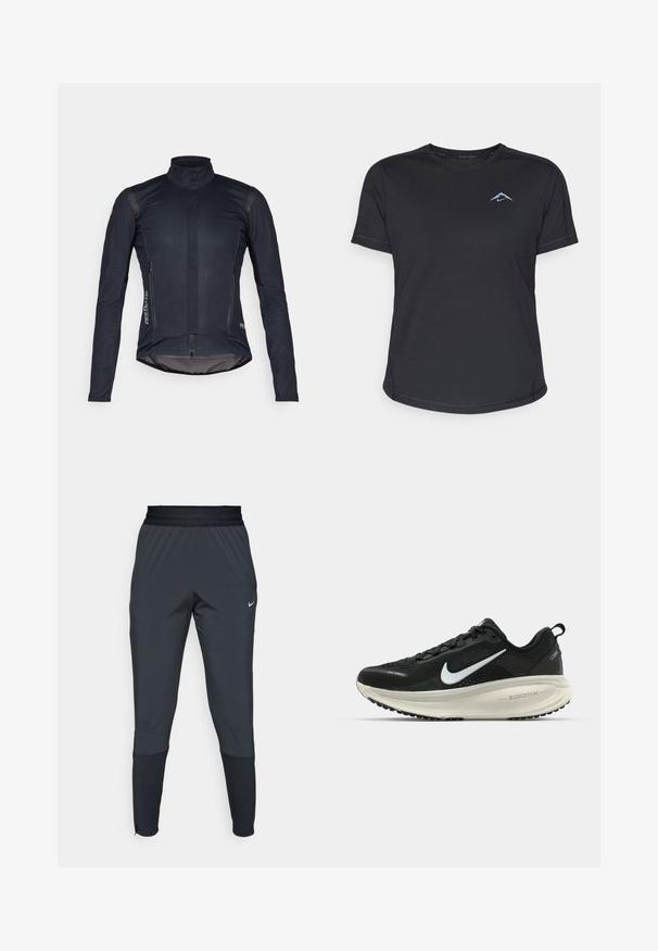 Dark blue cycling jacket with long sleeves, high collar, front zipper, and two zippered pockets; features smooth fabric and reflective accents.; Black short-sleeve athletic shirt with crew neckline, smooth fabric, and reflective blue logo on the left chest. Stitched detailing along seams.; Nike athletic pants in dark gray, featuring a tapered leg design, elastic waistband, and accent details near the cuffs.; Black Nike running shoe with breathable mesh upper, white swoosh logo, textured detailing, and a cream-colored ZoomX midsole.