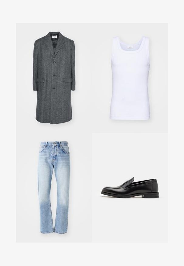 Filippa K RELAXED COAT - Klassisk frakke - grey; Hvid bomulds ærmeløs tanktop med rund halsudskæring, der har en glat tekstur og en tætsiddende pasform, designet til casual brug.; Lyseblå denim jeans med lige ben. Har en fem-lomme design, knaplukning og en falmet tekstur mod bunden.; Sorte læderloafers med en glat overflade, rund tå og en dekorativ strop over vampen. Lav hæl med stabeldesign, minimalistisk stil.