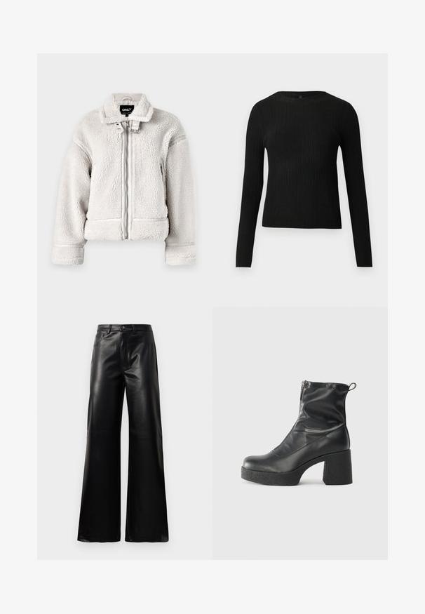 ONLY ONLMICHELLE JACKET - Vinterjakker - pumice stone; Sort ribbet langærmet tætsiddende sweater med rund halsudskæring, præsenteret på en ensfarvet lys baggrund.; Sorte high-waisted bukser i bred ben i imiteret læder med forreste knap, lynlås, bæltestropper og sidelommer på hvid baggrund.; Sorte ankelstøvler lavet af glat læder, med en sidelukning, kraftig struktureret hæl og rundt tådesign.