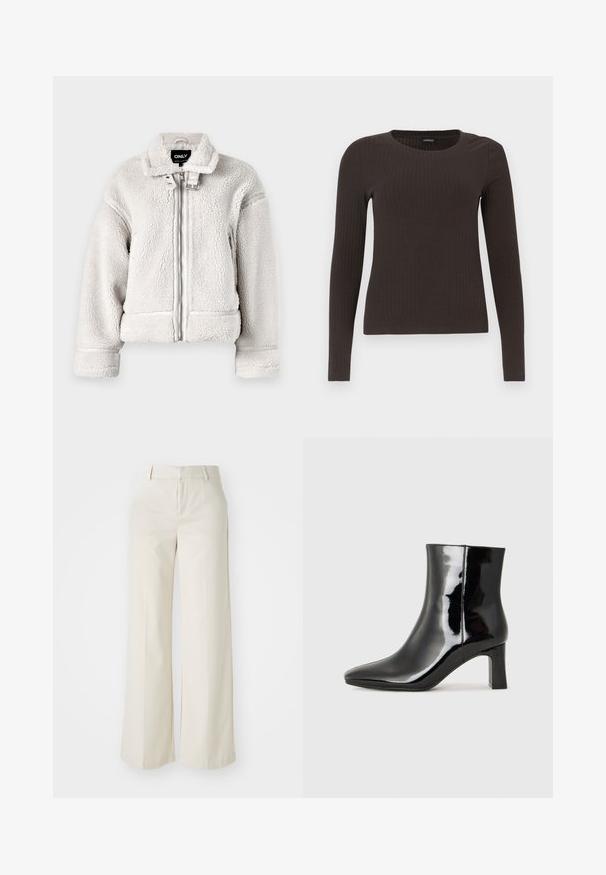 ONLY ONLMICHELLE JACKET - Casaco de inverno - pumice stone; Top castanho de manga longa em malha com decote redondo. Feito de um material suave e elástico, apresentando um silhueta ajustada e detalhes mínimos.; Calças largas numa cor bege clara, feitas de um tecido suave. Apresentam uma cintura clássica e parte da frente lisa com linhas limpas.; Botim de tornozelo em pele sintética preta com bico apontado e salto bloco de altura média. Textura suave e design minimalista.