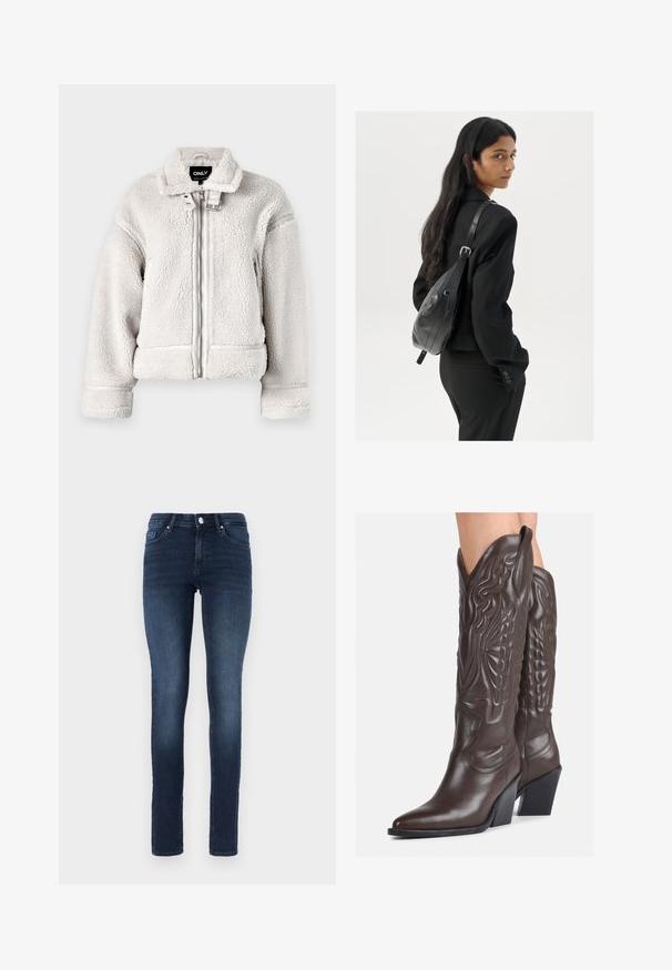 ONLY ONLMICHELLE JACKET - Zimska jakna - pumice stone; Bela brezrokavna majica iz rebraste tkanine, z zaobljenim izrezom in prilegajočim silhueto, z minimalnimi šivi in brez okraskov.; Temno modri skinny jeans iz denima, ki imajo klasičen pet-pocket dizajn, gumbasto zapiranje in subtilno zbledelost na stegnih.; Rjave usnjene kavbojske čevlje z ostrim nosom in blok peto, ki vsebujejo podrobno šivanje in dvignjene dodatke na zgornjem delu.; Ženska z dolgimi temnimi lasmi, oblečena v črn kostim, nosi črno usnjeno torbo čez ramo in se ozira čez ramo proti beli podlagi.; Srebrni uhani v obliki obročka s spiralnim dizajnom, ki imajo sijajno površino in zapiralo na zadnji strani. Mere znašajo približno 3 cm v premeru.