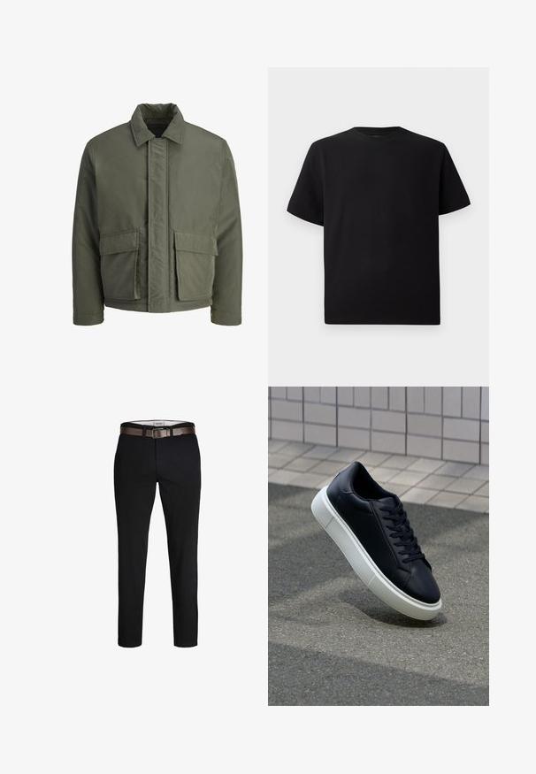 Donkergroene, gevoerde jas met een hoge kraag, een sluiting met knopen aan de voorkant en twee grote voorzakken. Gladde buitenkant, cropped ontwerp.; Zwarte T-shirt met korte mouwen van gemerceriseerd stof, met een ronde halslijn en een relaxte pasvorm. Eenvoudig, zonder patronen of accenten.; Zwarte katoenbroek met een rechte pasvorm, voorzien van een bruine leren riem en een gladde textuur. Eenvoudig ontwerp, geen zichtbare patronen of accenten.; Zwarte leren sneaker met een ronde neus en een witte rubberen zool. Voorzien van platte veters en minimale stiksels op het bovenwerk. Textuurrijke zool voor grip.