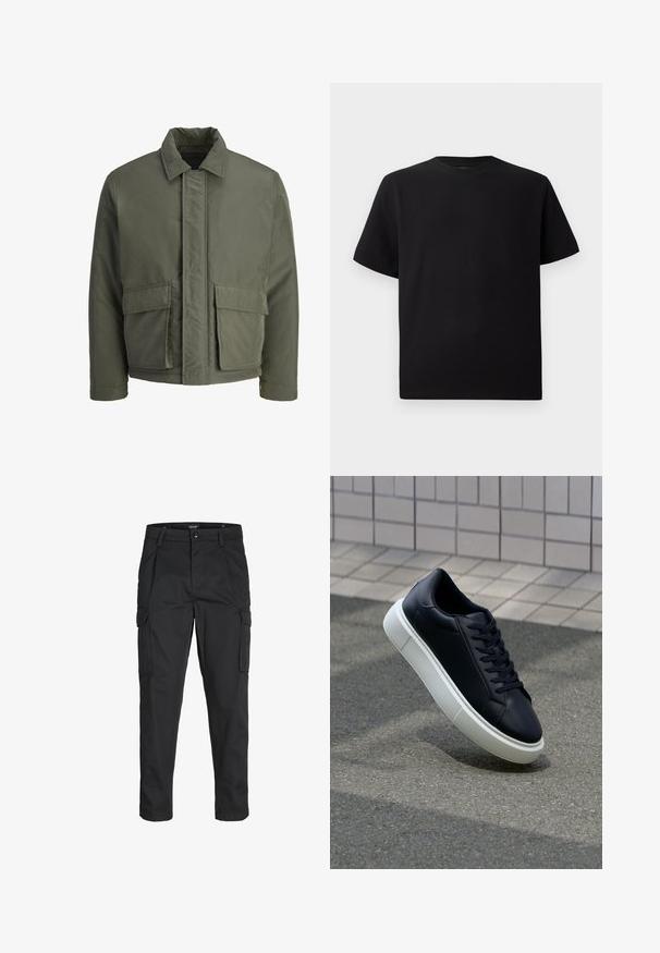 Ciemnozielona, ocieplana kurtka z wysokim kołnierzem, zapięciem na guziki z przodu oraz dwiema dużymi kieszeniami z przodu. Gładka tekstura zewnętrzna, krótki fason.; Czarna koszulka z krótkim rękawem, wykonana z teksturowanej tkaniny, z okrągłym dekoltem i luźnym krojem. Prosta, bez wzorów i akcentów.; Czarne spodnie cargo wykonane z wytrzymałego materiału, z wieloma kieszeniami, zapięciem na guzik oraz zwężanym krojem nogawek.; Czarne skórzane sneakersy z okrągłym noskiem i białą gumową podeszwą. Posiadają płaskie sznurowadła i minimalne przeszycia na cholewce. Teksturowana podeszwa zapewnia przyczepność.