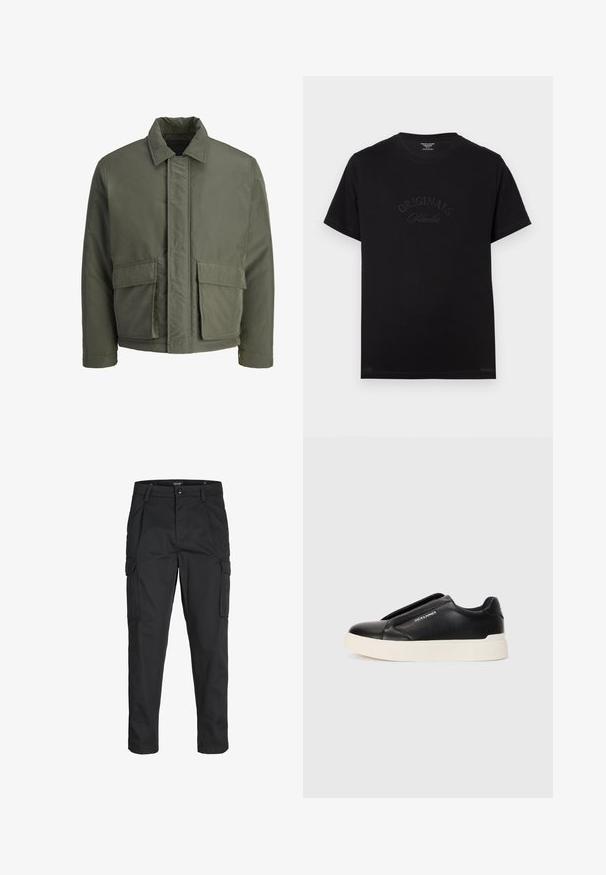 Tmavě zelená prošívaná bunda s vysokým límcem, předním zapínáním na boton a dvěma velkými předními kapsami. Hladký vnější povrch, zkrácený střih.; Černé bavlněné tričko s krátkým rukávem a kulatým výstřihem. Na přední straně je vystouplý nápis "ORIGINALS Studio" v tonálním písmu.; Černé cargo kalhoty vyrobené z odolné tkaniny, s mnoha kapsami, knoflíkovým zapínáním a slim fit střihem se zúženými nohavicemi.; Černé nazouvací tenisky s texturovaným koženým svrškem, bílou gumovou podrážkou a bez viditelných tkaniček. Na boku se nachází logo značky.