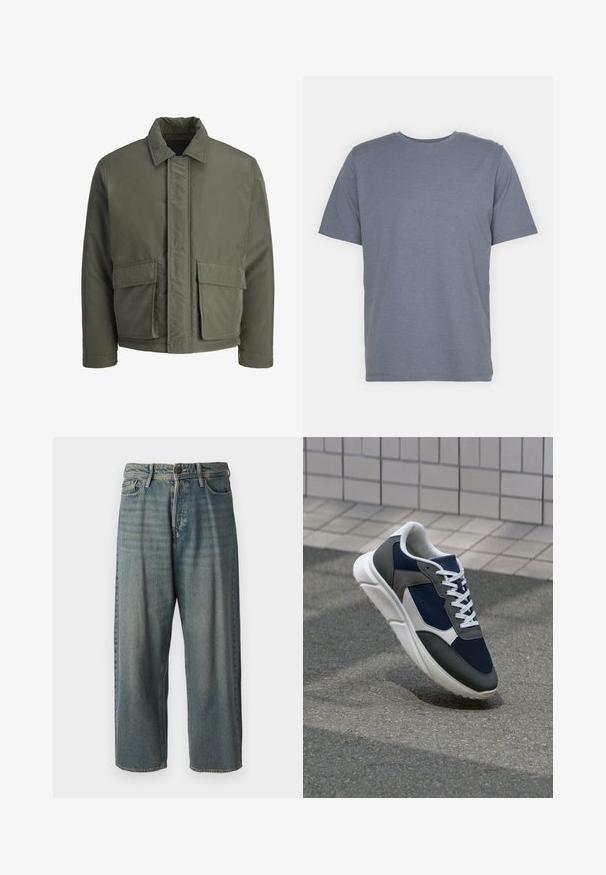 Sötétzöld, párnázott dzseki magas gallérral, elülső gombos záródással és két nagy elülső zsebbel. Simább külső textúrával, rövidített fazonnal.; Szürke, rövid ujjú póló, kerek nyakkal, puha pamut keverékből készült. Egyszerű dizájn, minta vagy díszítés nélkül.; Világoskék farmernadrág, laza fazonnal, közepes derékbőséggel és egyenes szárral. Öt zsebet, övbucskát és gombos záródást tartalmaz.; Cipő, amelynek sötétkék hálós felsőrésze, szürke velúr díszítései, fehér gumitalpa és lapos fehér fűzője van, a kényelem és a légáteresztő képesség érdekében tervezve.