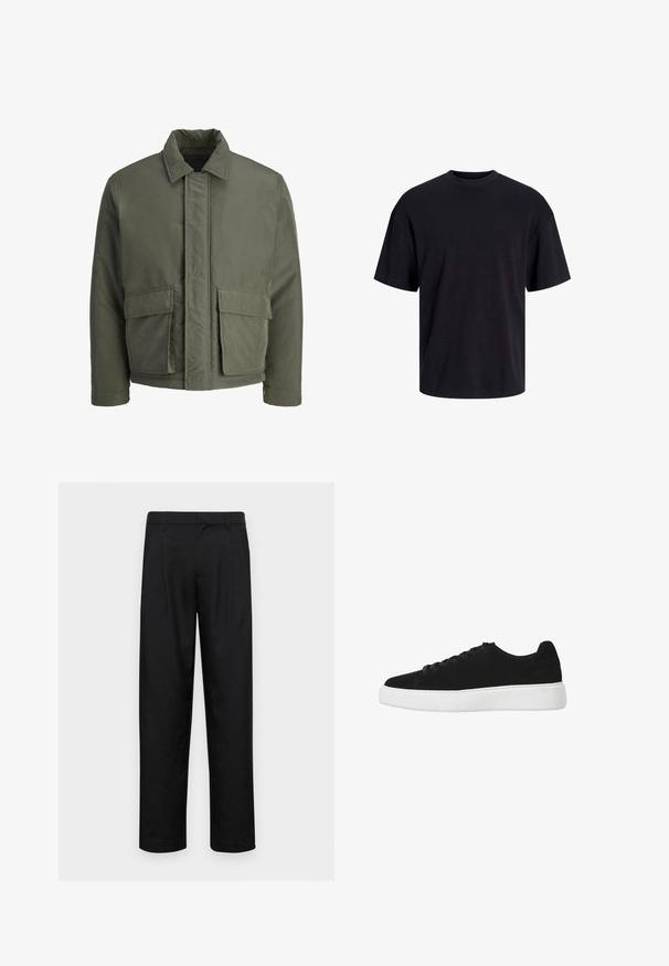 Tamnozelena, podstavljena jakna s visokim ovratnikom, prednjim kopčanjem na gumbe i dva velika prednja džepa. Glatka vanjska tekstura, skraćeni dizajn.; Crna pamučna majica s okruglim izrezom, kratkim rukavima i opuštenim krojem. Glatka tekstura bez vidljivih uzoraka ili dekoracija.; Crne hlače od glatkog materijala, s dizajnom ravnih nogavica, dva prednja nabora i standardnim pojasom s petljama za remen.; Crne svečane tenisice od zamšene kože s okruglim vrhom, vezanjem sprijeda i bijelim gumenim potplatom. Jednostavan dizajn s minimalnim akcentima i glatkom teksturom.