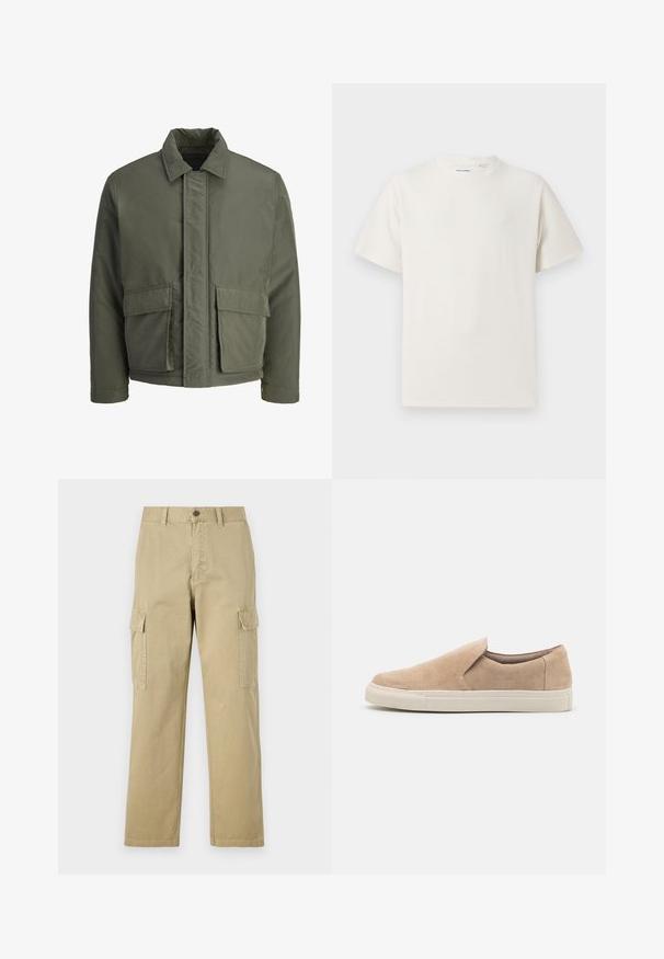 Mørkegrønn, polstret jakke med høy krage, frontlukkning med knapper og to store lommer foran. Glatt utvendig tekstur, kort design.; Hvit T-skjorte med kort erm i ribbestrikket tekstur. Rund hals, avslappet passform, ingen synlige mønstre eller detaljer. Enkelt og allsidig design.; Beige cargo bukser laget av bomull, med to sidelommer, knappelukking, og rette ben med et lett strukturert stoff.; Beige slip-on sko laget av semsket skinn, med rund tå, elastisk side og en hvit gummisåle med teksturerte detaljer.