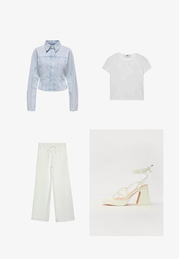 Svijetloplava traper jakna s okovratnikom, dugim rukavima, skraćenim dizajnom i vertikalnim šavovima. Zatvaranje na dugmadi.; Bijela majica kratkih rukava s okruglim izrezom, izrađena od mekanog pamuka, s jednostavnim, čistim dizajnom bez vidljivih uzoraka ili akcenta.; Bijele hlače širokog kroja od mekog materijala. Imaju elastični pojas s vezicom i glatku teksturu. Nema vidljivih uzoraka ili metalnih dijelova.; Bijela sandala na visokoj potpetici s debelim petom, s remenom i vezanjem oko gležnja. Glatka tekstura s platformom sprijeda za dodatnu visinu.