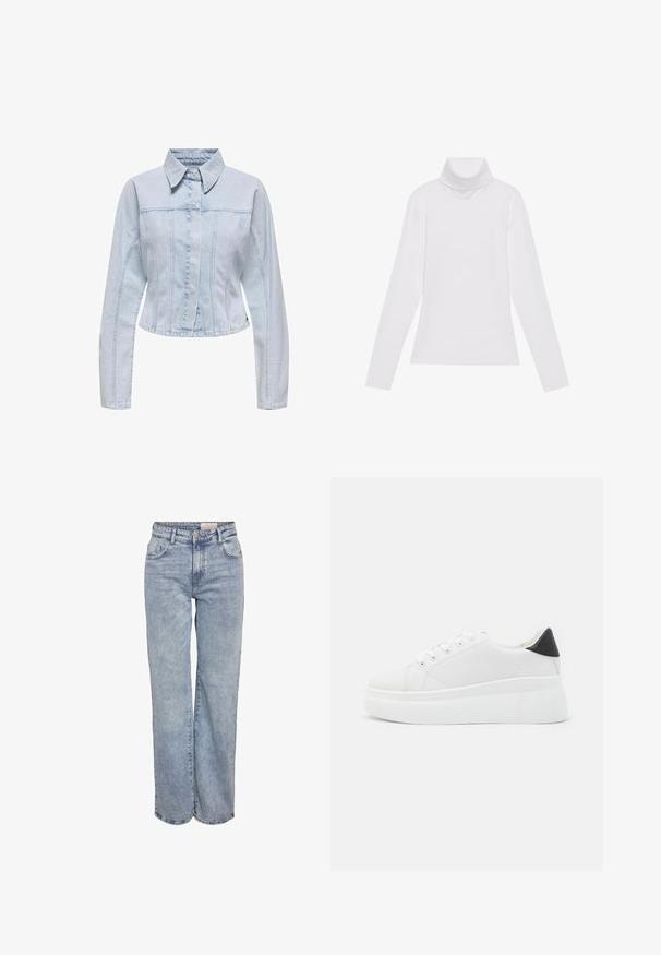 Vaaleansininen farkkutakki, jossa on kauluksellinen kaulus, pitkät hihat, lyhyt malli ja pystysaumapaneelit. Napillinen etulukko.; Valkoinen pitkähihaisella poololla varustettu paita, joka on valmistettu sileästä ja joustavasta kankaasta. Ominaisuuksiin kuuluu korkeakauluksinen ja tiukka malli, ilman näkyviä kuvioita tai koristeita.; Vaaleansiniset leveälahkeiset farkut, jotka on valmistettu denimistä. Niissä on korkea vyötärö, viisi taskua ja hienovarainen kuluminen, joka luo käytetyn ilmeen.; Valkoiset alustasneakerit, jotka on valmistettu sileästä synteettisestä materiaalista. Niissä on pyöreä kärki, nauhakiinnitys ja teksturoitu kumipohja. Musta kantakorko korostaa ilmettä.