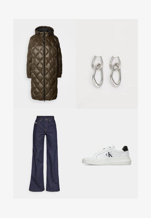 Alkoholinis žalias siuvinėjimo ilgas paltas su gobtuvu, turintis priekinį užtrauktuką, šonines kišenes ir blizgų tekstūrą.; Juodas tankas iš raibuoto audinio, su apvaliu kaklu ir prigludusia forma. Lygūs siūlės ir jokios papuošimų. Paprastas ir elegantiškas dizainas.; Tamsiai mėlynos plačios kojų džinsinės kelnės iš denimo audinio su aukštu liemeniu, su oranžinėmis siūlėmis, penkių kišenių dizainu ir sagčių užsegimu.; Balti žemakulniai bateliai su juodu kulno dangteliu, platformos padu, raišteliais ir Calvin Klein "CK" logotipu šone.; Calvin Klein STATEMENT LINKS - Auskarai - silver-coloured