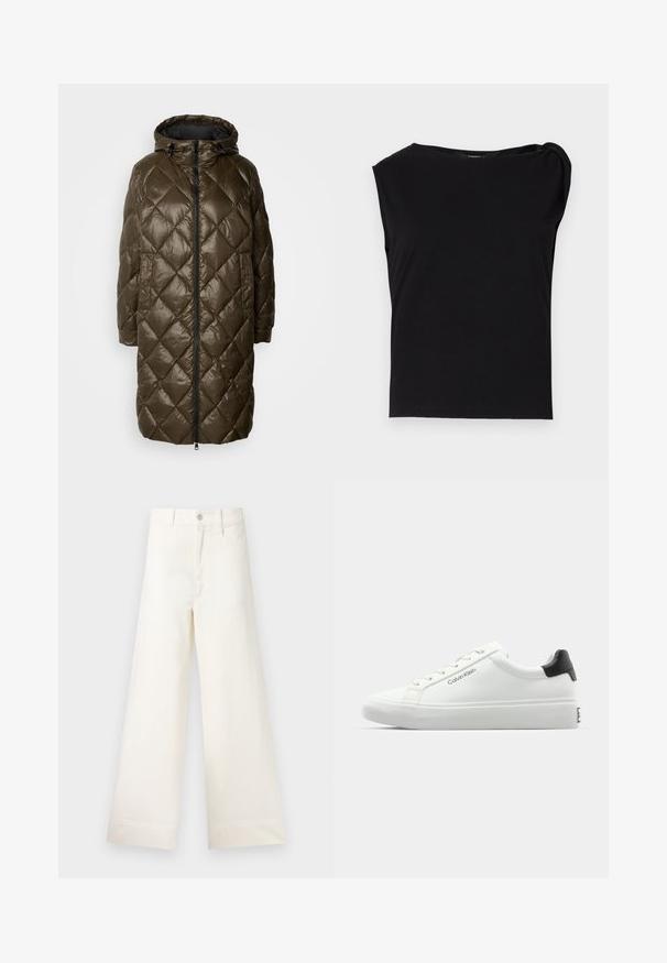 Olive green quilted long coat with a hood, featuring a front zipper, side pockets, and a glossy texture.; Black short-sleeve top made of smooth fabric. Features a round neckline and draped detail on the shoulder. Simple, fitted design.; Wide-leg trousers in light beige cotton. Features a high waist, front pockets, and a straight cut. Clean hem finishing without patterns.; White sneaker with a smooth finish, black heel accent, and lace-up design. Features "Calvin Klein" branding on the side. Minimalist style.