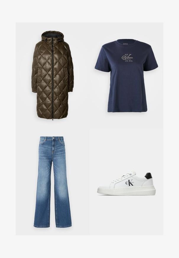 Olijfgroene, gewatteerde lange jas met een capuchon, voorzien van een ritssluiting aan de voorkant, zijzakken en een glanzende textuur.; Navy blauwe katoenen T-shirt met korte mouwen, met een klein wit "Calvin Klein" logo op de middenvoor. Ronde hals, casual pasvorm.; Lichtblauwe denim wijde pijpen jeans met een hoge tailleband, voorzien van vijf zakken, riemlussen en een subtiele vervaging naar de zoom toe.; Witte lage sneaker met zwarte hiel tab, plateauzool, veters en Calvin Klein "CK" logo aan de zijkant.