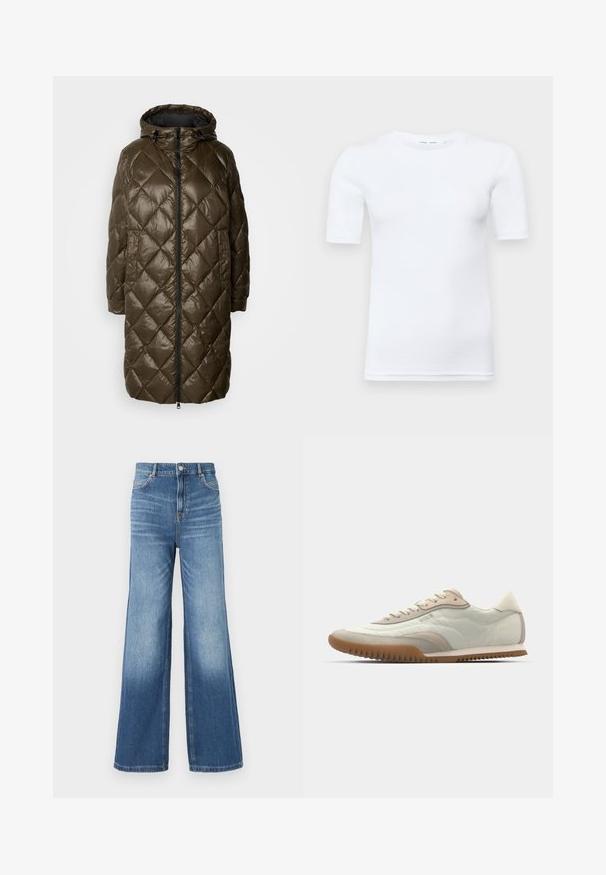 Olive green quilted long coat with a hood, featuring a front zipper, side pockets, and a glossy texture.; White short-sleeve t-shirt made of cotton. Features a round neckline and a smooth texture, with minimal stitching visible at the hem.; Light blue denim wide-leg jeans with a high waistband, featuring five pockets, belt loops, and a subtle fade effect towards the hem.; White and beige sneaker featuring a smooth upper with suede accents, a textured sole, and tonal stitching. Lace-up closure with logo detail.