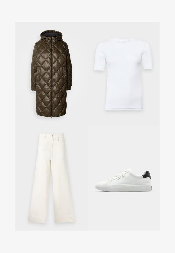 Olivgrüner, gestepfter langer Mantel mit Kapuze, ausgestattet mit einem Reißverschluss auf der Vorderseite, Seitentaschen und einer glänzenden Textur.; Weißes T-Shirt mit kurzen Ärmeln aus Baumwolle. Verfügt über einen runden Halsausschnitt und eine glatte Textur, mit minimal sichtbaren Nähten am Saum.; Weite Hosen aus hellem beigen Baumwollstoff. Mit hoher Taille, vorderen Taschen und geradem Schnitt. Saubere Saumverarbeitung ohne Muster.; Weißer Sneaker mit glatter Oberfläche, schwarzem Absatz und Schnürdesign. Mit "Calvin Klein"-Branding an der Seite. Minimalistischer Stil.