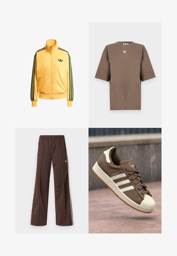 Yellow zip-up jacket made of smooth fabric. Features black three-stripe accents on sleeves and a small green logo on the chest.; Brown cotton t-shirt with short sleeves, round neck, and white Adidas logo centered at the chest, featuring a plain design and relaxed fit.; Brown athletic pants with a wide-leg design, white side stripes, an elastic waistband, and two side pockets. Features small logo on the leg.; Brown suede sneaker with white stripes, cream accents, and a rubber shell toe. Features lace-up design and textured gum sole.
