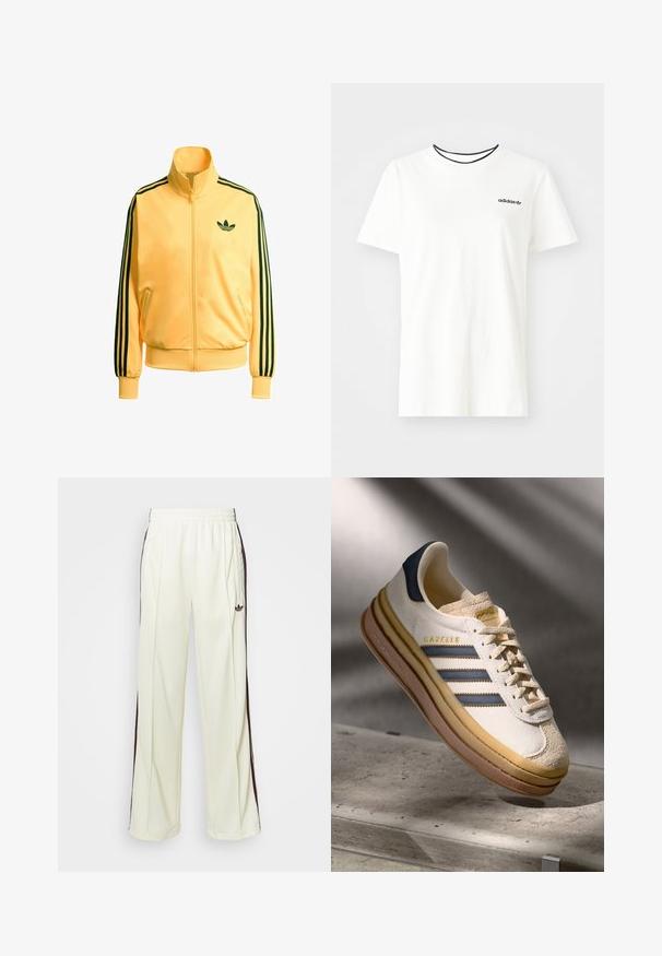 Žltá zipsová bunda vyrobená z hladkej tkaniny. Obsahuje čierne trojprúžkové detaily na rukávoch a malú zelenú logo na hrudi.; Biela bavlnená tričko s krátkymi rukávmi a okrúhlym výstrihom. Obsahuje čierne logo Adidas na hrudi a kontrastný čierny vnútorný golier.; Krémové mikinové nohavice s voľným strihom, so tmavohnedými bočnými pruhmi a vyšitým logom na ľavom stehne.; Tenisky Adidas Gazelle so smotanovým semišovým horným dielom, modrými koženými akcentmi, tromi modrými pruhmi, béžovou medzipodrážkou a hnedou gumovou podrážkou.
