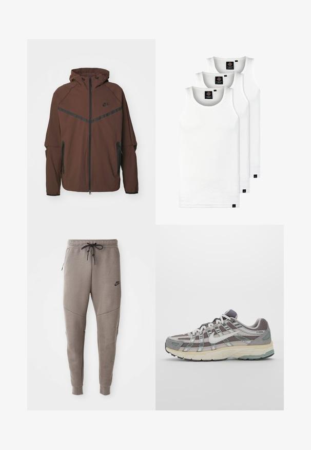 Ruskea Nike-takki, jossa on huppu, edessä vetoketju, mustat korostusrivit ja vetoketjulliset sivutaskut. Valmistettu kevyestä, tekstuurilla varustetusta kankaasta.; Kolme valkoista ribbitekstiilistä toppia, jotka on valmistettu puuvillasta. Ominaisuuksiin kuuluu pyöreä pääntie ja pieni musta etiketti helman lähellä. Saatavilla useissa kooissa.; Harmaat Nike-juoksuhousut, joissa on kiristysnyöri vyötäröllä, kapeat lahkeet, sivutaskut ja erottuva sauman yksityiskohtaisuus. Pehmeä, tekstuuri kangas.; Harmaa urheilukenkä, jossa on verkko- ja mokkanahkainen yläosa, valkoiset yksityiskohdat, pehmustettu pohja ja erottuva muotoilu heijastavilla elementeillä.