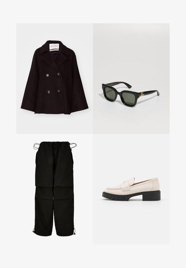 Black double-breasted coat made from soft wool, featuring two large buttons, notched collar, and a slightly oversized fit with side pockets.; Cream cable-knit sweater with long sleeves, ribbed cuffs and hem, featuring a small embroidered logo on the left chest.; Black pants made of lightweight fabric, featuring an adjustable waistband and drawstring hems. Designed with a loose, oversized fit and multiple pockets.; Light beige leather loafers with a stitched front and a textured black platform heel. Features a curved design and a slight elevation.; Black rectangular sunglasses with dark green lenses. Features glossy plastic frame and gold hardware accents on the sides.