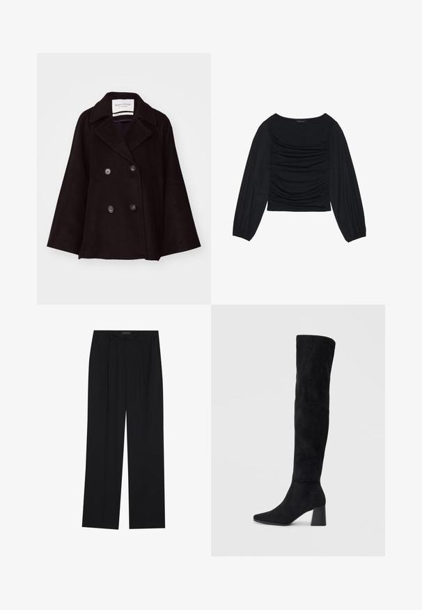 Melnā dubultā žakete, kas izgatavota no mīksta vilnas, ar divām lielām pogām, iedobtu apkakli un nedaudz pārmērīgu fitisku ar sānu kabatām.; Melna garā piedurkne tops ar savilktām auduma detaļām priekšā un pie plaukstām, izgatavots no mīksta, elastīga materiāla ar laivu kakla izgriezumu.; Melni bikses ar taisnu kāju dizainu, kurām ir divi priekšējie kabatas un jostasvieta. Izgatavotas no gludas, vieglas auduma.; Melna zamšāda līdz ceļiem, ar blokveida papēdi, norādītu purngalu un gludu, bezšuvju dizainu uz vienkārša gaiša fona.