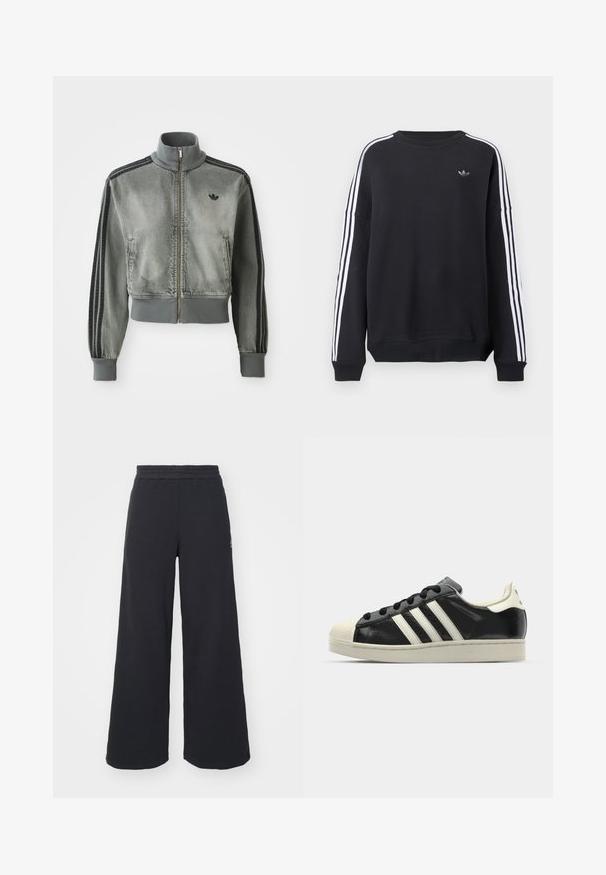 Casaco desportivo cinza com fecho éclair, gola alta, punhos e bainha canelados, riscas pretas nas mangas e um pequeno logo preto da Adidas no peito.; Sweatshirt preta de manga comprida, com riscas brancas a correr ao longo de cada braço e um pequeno logótipo cinza no peito. Material de algodão, corte casual.; Calças de fato largas, pretas, feitas de tecido macio, com uma cintura elástica e um pequeno logótipo do lado esquerdo.; Sapatilha de couro preto com riscas brancas, biqueira de borracha, atacadores pretos e sola na cor creme. Textura suave com acabamento brilhante.